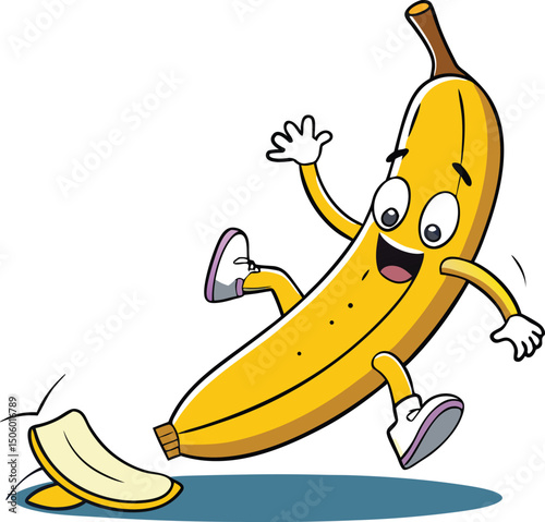 A cartoon banana character, depicted with exaggerated features and a happy expression, is depicted slipping on its own peel.