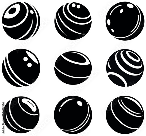 Bowling Ball Icons Bundle – Set of 9 Black and White Sports Equipment Silhouette Illustrations