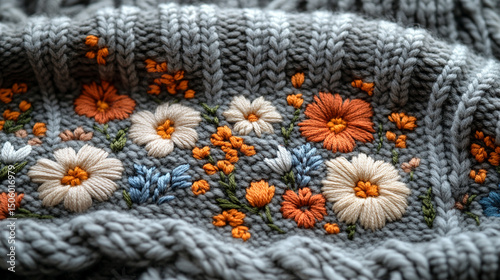 Wool embroidery details on knitted fabric, reflecting the mindful creativity of retirees through textured patterns and warm handcrafted aesthetics.