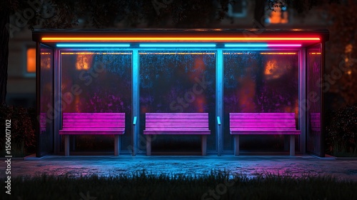 futuristic bus stop with transparent panels overlooking a glowing cyberpunk city digital lights vibrant horizon