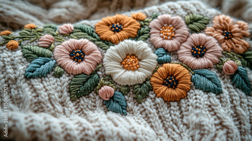 Wool embroidery details on knitted fabric, reflecting the mindful creativity of retirees through textured patterns and warm handcrafted aesthetics.