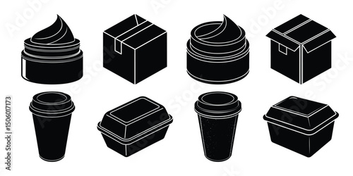 Silhouette set of cosmetic cream jars, paper delivery boxes, and takeaway food containers in various shapes isolated on white background.