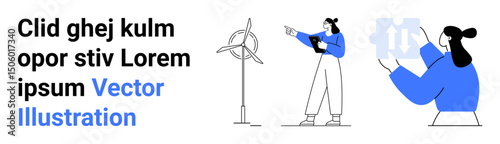 Female figures discussing wind turbine mechanics and gear systems. Ideal for renewable energy, eco-technology, engineering, teamwork, innovation, sustainability education, simple landing page
