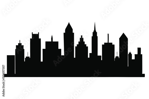 cityscape silhouette, urban skyline, black and white, minimalist architecture, modern buildings, skyscrapers, metropolitan skyline, downtown district, city landscape, architectural illustration

