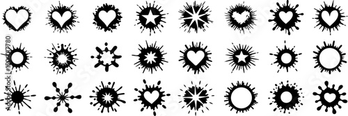 Grunge ink splatter. Splash of paints, spray drops staining and frame with wet paint drop traces vector set. Illustration splash and drip design, silhouette blob spray collection