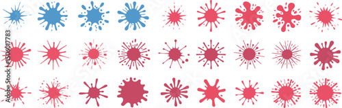 Grunge ink splatter. Splash of paints, spray drops staining and frame with wet paint drop traces vector set. Illustration splash and drip design, silhouette blob spray collection
