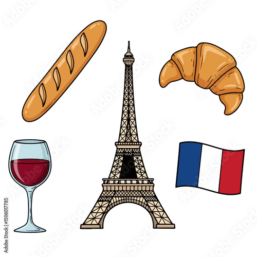 Vector Icons of Paris Landmarks and Culture Elements

