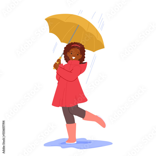 Attractive fashion girl child cartoon character in raincoat posing with umbrella under rain