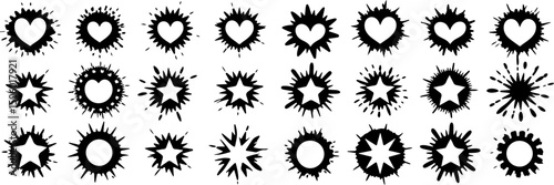 Grunge ink splatter. Splash of paints, spray drops staining and frame with wet paint drop traces vector set. Illustration splash and drip design, silhouette blob spray collection