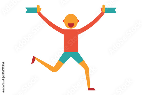 a happy, energetic person celebrating with arms raised, wearing colorful clothing, in a dynamic, upbeat pose
