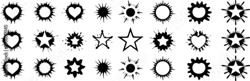 Grunge ink splatter. Splash of paints, spray drops staining and frame with wet paint drop traces vector set. Illustration splash and drip design, silhouette blob spray collection