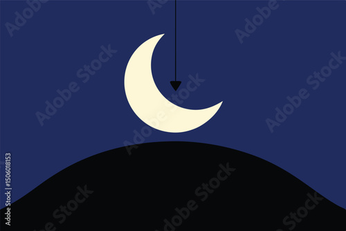 landscape, crescent moon, dark silhouetted hills, starry night sky, atmospheric, serene, peaceful, cinematic, digital art, muted tones
