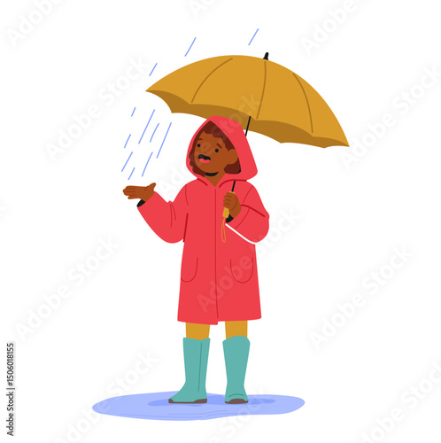 Happy little girl child cartoon character with umbrella rejoicing rainy weather fun outdoors
