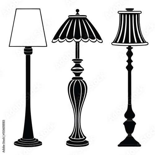 Three Decorative Floor Lamps in Black Silhouette Vintage Style Lighting Fixtures for Interior Design and Home Decor Isolated on White