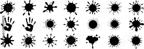 Grunge ink splatter. Splash of paints, spray drops staining and frame with wet paint drop traces vector set. Illustration splash and drip design, silhouette blob spray collection