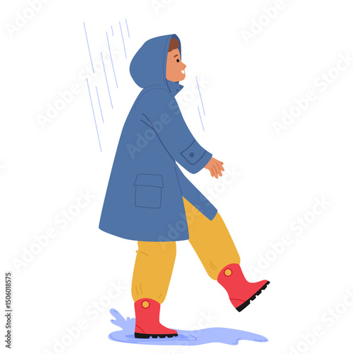 Cute mischief carefree boy child cartoon character in raincoat and rubber boots walking under rain