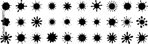 Grunge ink splatter. Splash of paints, spray drops staining and frame with wet paint drop traces vector set. Illustration splash and drip design, silhouette blob spray collection