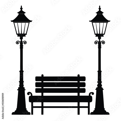 Silhouette of Park Bench Between Two Vintage Streetlights on a White Background for Design Elements and Artistic Composition