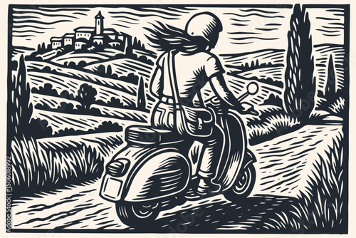 Woman with windblown hair rides a scooter through Tuscan countryside towards a village. Vintage woodcut/engraving style vector. Italy. B&W. Travel, freedom.