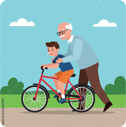 Grandfather teaching grandson to ride red bicycle in park outdoor activity 