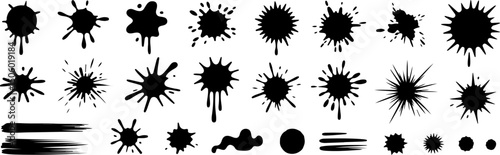Grunge ink splatter. Splash of paints, spray drops staining and frame with wet paint drop traces vector set. Illustration splash and drip design, silhouette blob spray collection