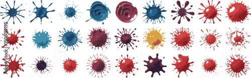 Grunge ink splatter. Splash of paints, spray drops staining and frame with wet paint drop traces vector set. Illustration splash and drip design, silhouette blob spray collection