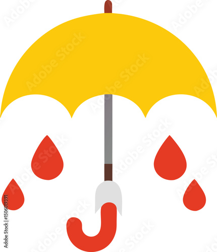 A simple, flat design illustration of a yellow umbrella sheltering from red rain drops.