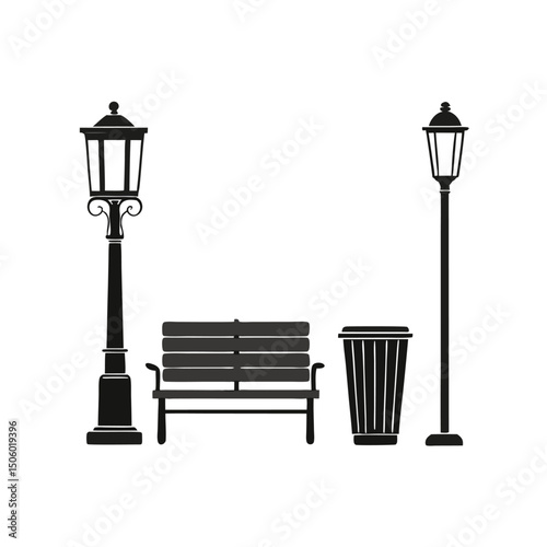 Black and White Vector Illustration of a Park Bench Trash Can and Two Street Lamps in a Minimalist Style