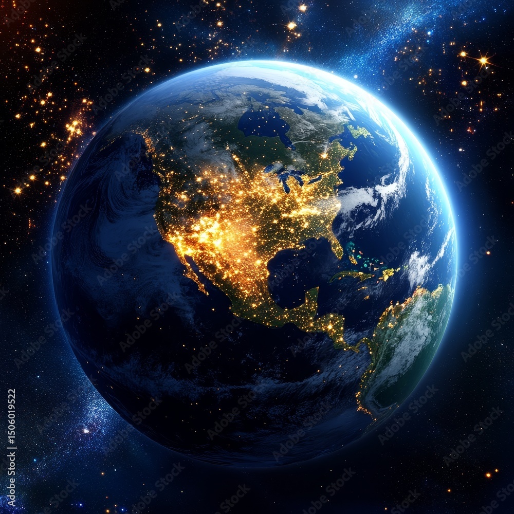 Obraz premium Night Earth North America City Lights, Space View, Planet Composition, Earth at Night, Globe, Night Lights Earth, Space