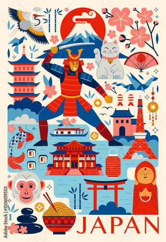 Japan Travel Poster with Symbols and Landmarks