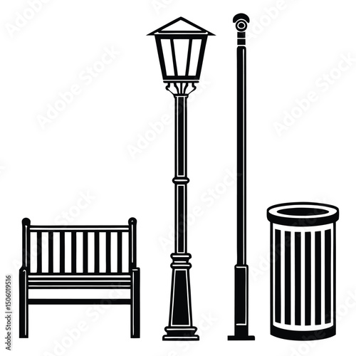 Black and White Vector Illustration of Park Elements Including Bench Lamp Post Bollard and Trash Can for Design Projects