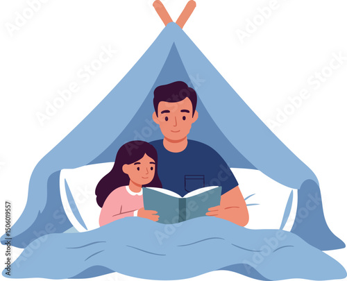Father and daughter reading book in blue blanket fort indoor activity vector illustration 
