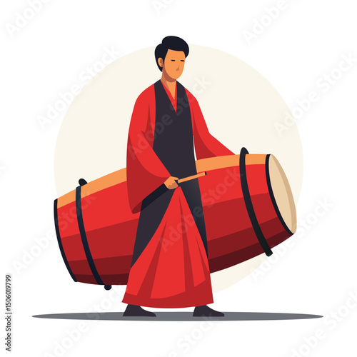 A stylized illustration of a person in traditional, likely Asian, attire carrying a large, vibrant red drum.