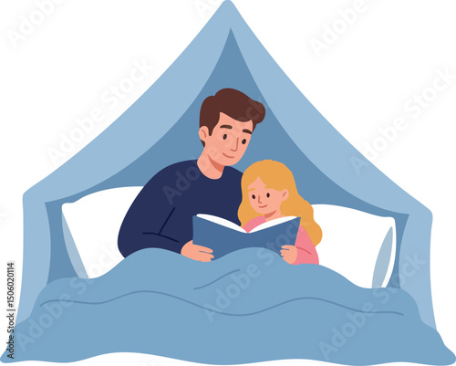 Father Reading Storybook to Daughter in Bed with Blue Blanket and Tent Illustration 