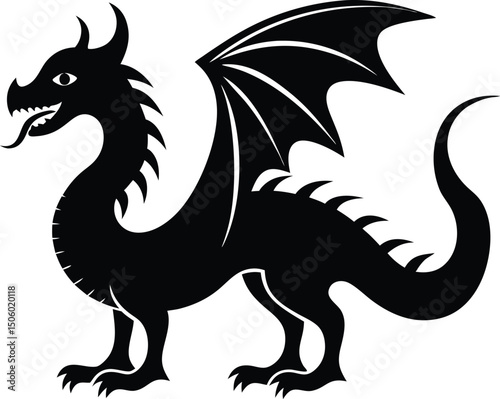 Stylized Black Dragon Silhouette with Wings on White Background