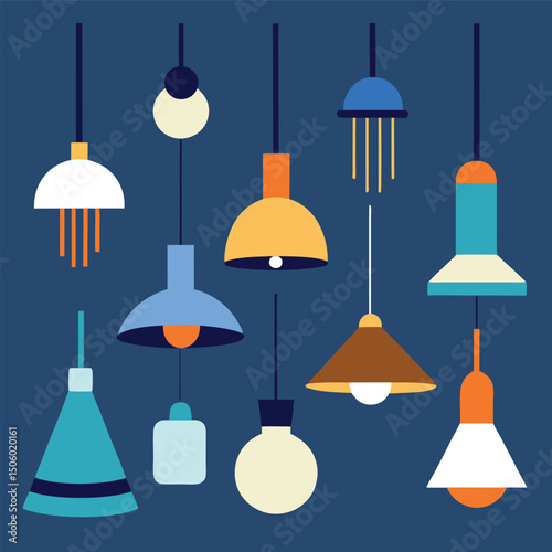 A Collection of Hanging Lamps in a Modern Geometric Style with Various Shapes and Colors on a Dark Blue Background