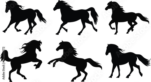 Silhouette Collection of Horses in Various Poses Isolated on White Background