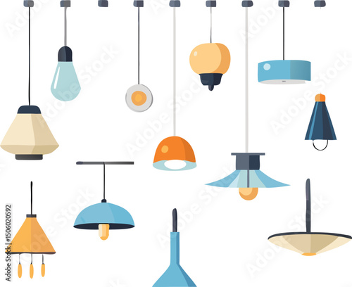 Collection of Stylish and Colorful Hanging Lamps Perfect for Interior Design Projects and Modern Home Decor Illustrations Isolated on White