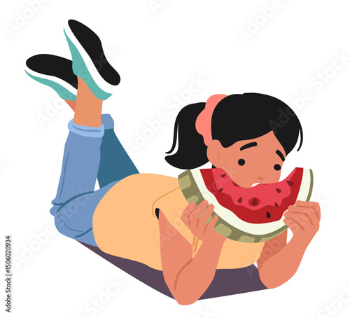Preteen girl kid cartoon character biting juicy watermelon having picnic snack isolated on white