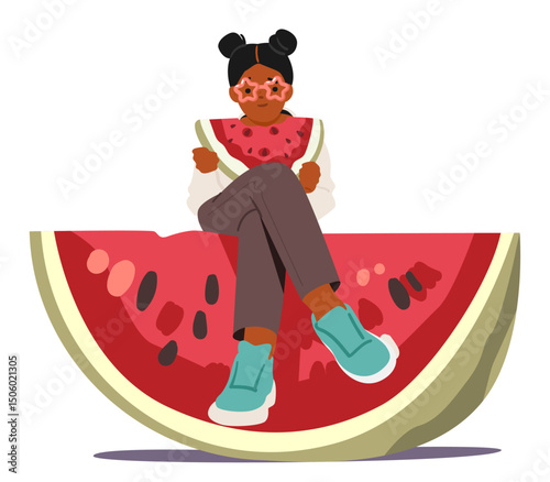 Trendy fashion preteen girl cartoon character eating watermelon sitting on huge berry slice