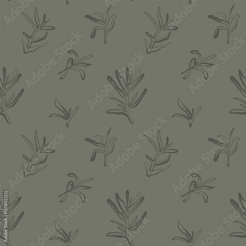 Seamless rosemary pattern in warm olive green tones with hand drawn line art for rustic fabric and organic packaging