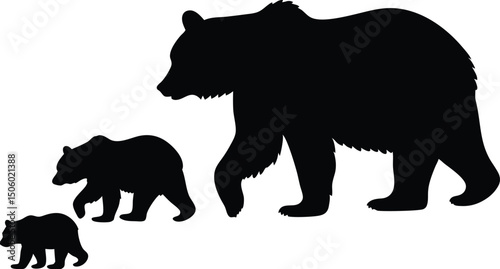 Silhouette of a Bear Family Mother Bear and Two Cubs Walking