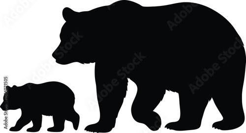 Silhouette of a mother bear walking with her cub in black