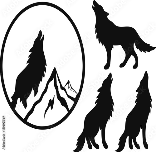 Wolf Silhouette Collection Howling Wolves and Mountain Scene in Black and White