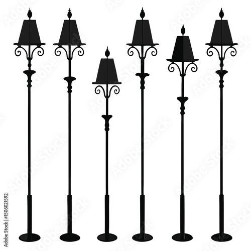 Silhouette of Six Vintage Floor Lamps with Unique Designs Isolated on White Background Decorative Lighting Fixtures Interior Design Elements
