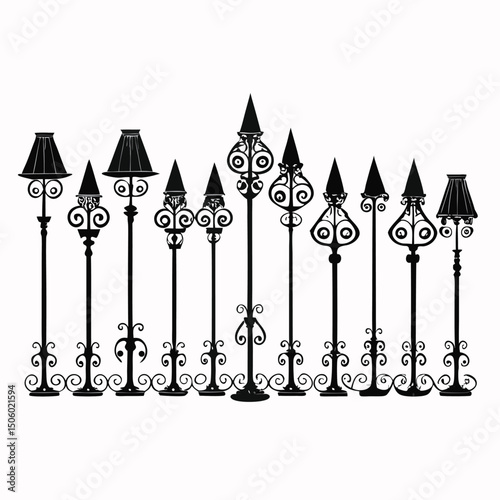 Elegant Black Silhouette of Decorative Lamp Posts and Finials on a White Background for Design Elements