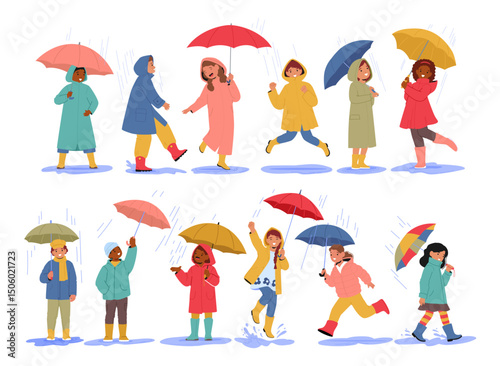 Cute funny kids cartoon character walking under rain enjoying wet spring or autumn weather set