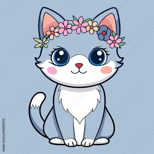 Kawaii Kitten with Floral Crown Illustration