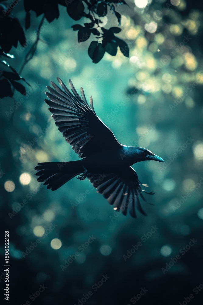 Fototapeta premium Black bird flying through forest