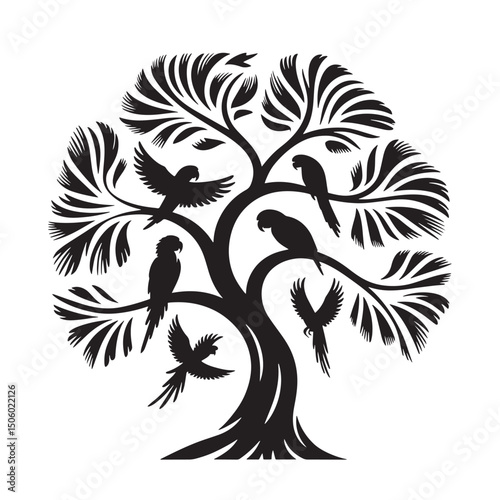 Stylized Tree with Parrots Silhouette – Nature Vector Illustration